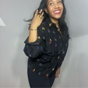 Vintage silk button down blouse black boy silhouette graphic AOP artsy retro fun
